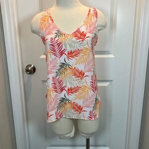 LOFT Outlet Tropical Palm Leaf Tank Top Women's Size M White Pink Orange Green
